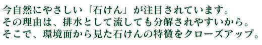 今自然にやさしい「石けん」が注目されています。その理由は、排水として流しても分解されやすいから。そこで、環境面から見た石けんの特徴をクローズアップ。